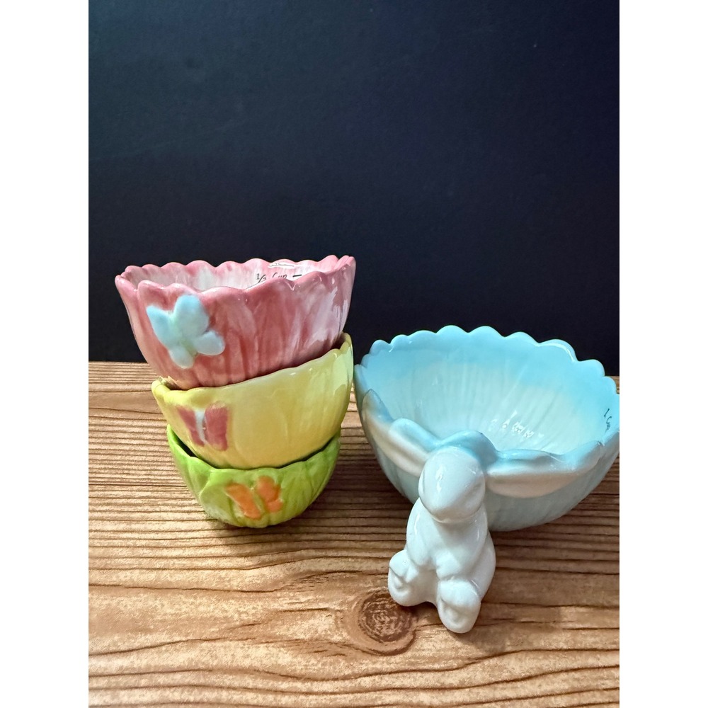 Ceramic Floral Measuring Cup Set with Bunny Handle Butterfly Accents 4 Piece